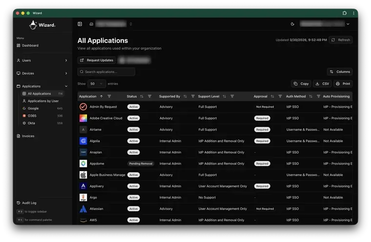 Wizard All Applications view listing managed apps with support level and sign-in method