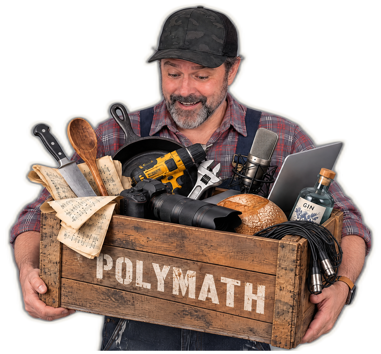 Piero Bonamico holding a wooden crate stenciled POLYMATH, packed with a chef's knife, wooden spoon, cast-iron skillet, drill, camera, microphone, sheet music, bread, gin, and cables