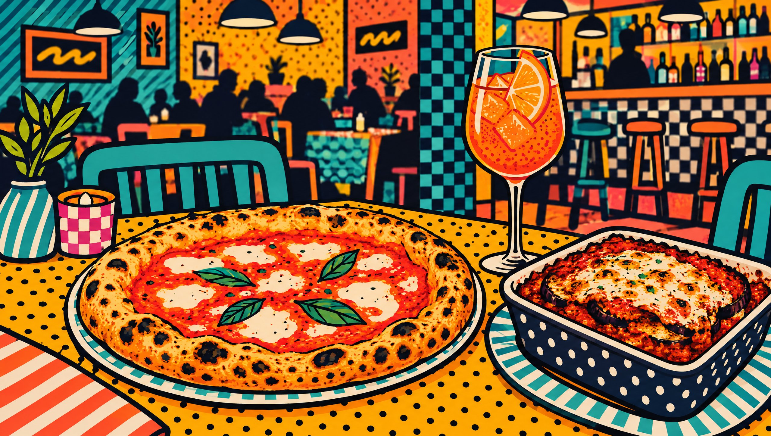 Painted illustration of a pizza, eggplant parmesan and an Aperol spritz at All-Purpose, Washington, DC.