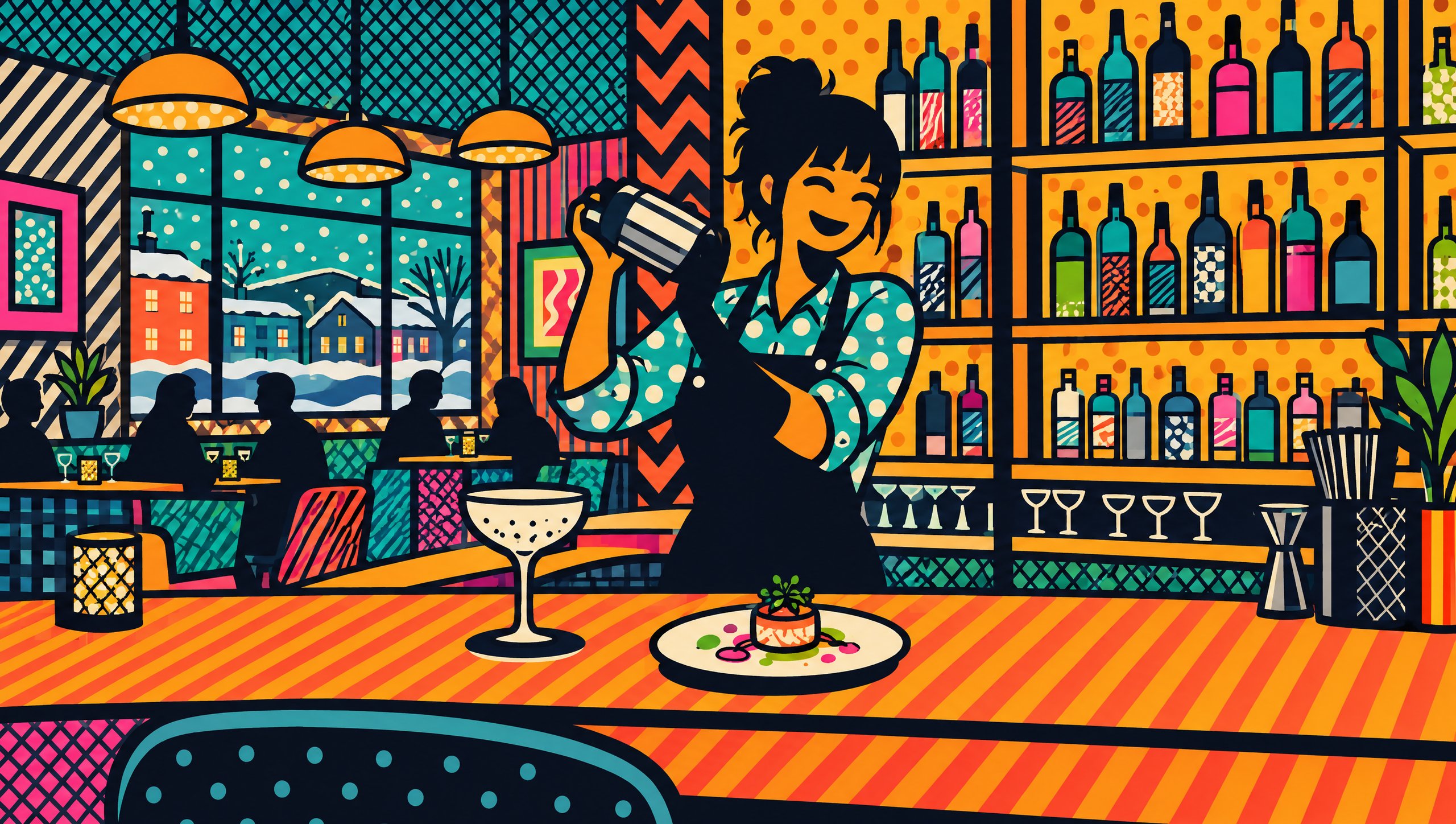 Painted illustration of a bartender shaking a cocktail at Restaurant Baumann, Sherbrooke, Quebec.