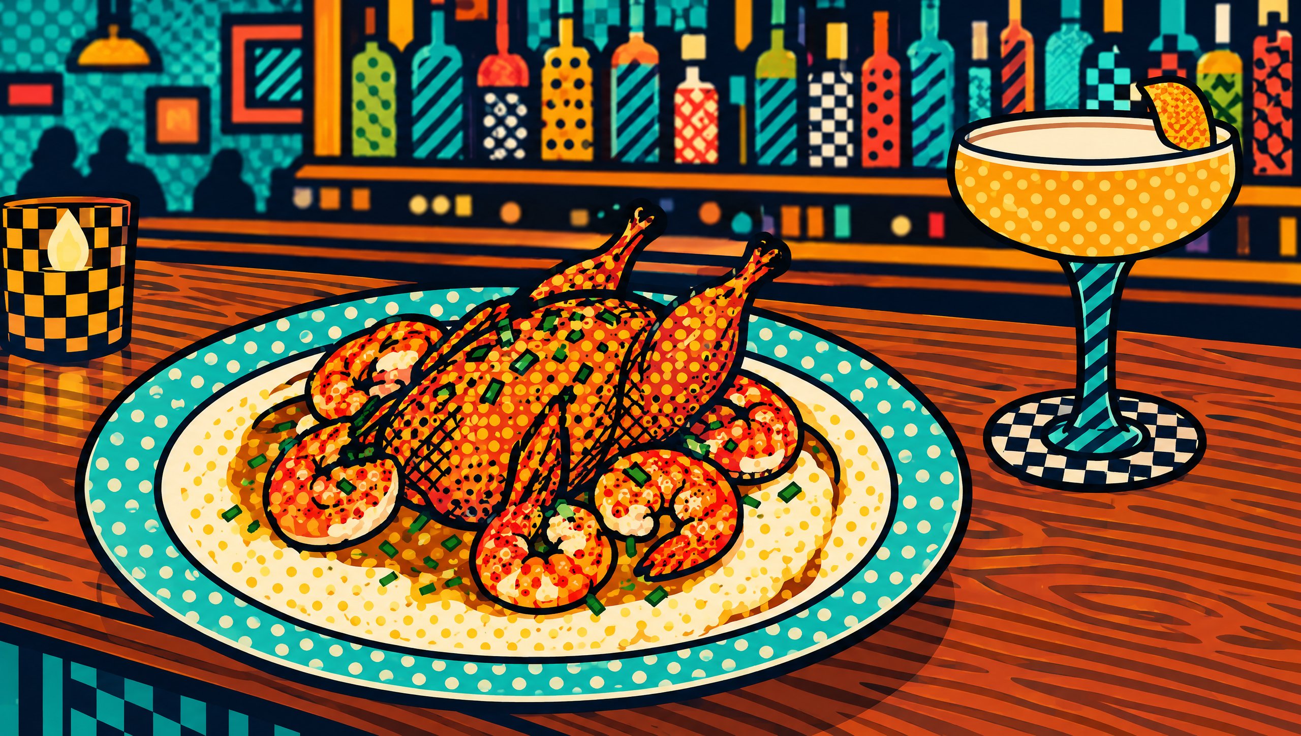 Painted illustration of roasted quail with shrimp and grits at The Bird, Washington, DC.