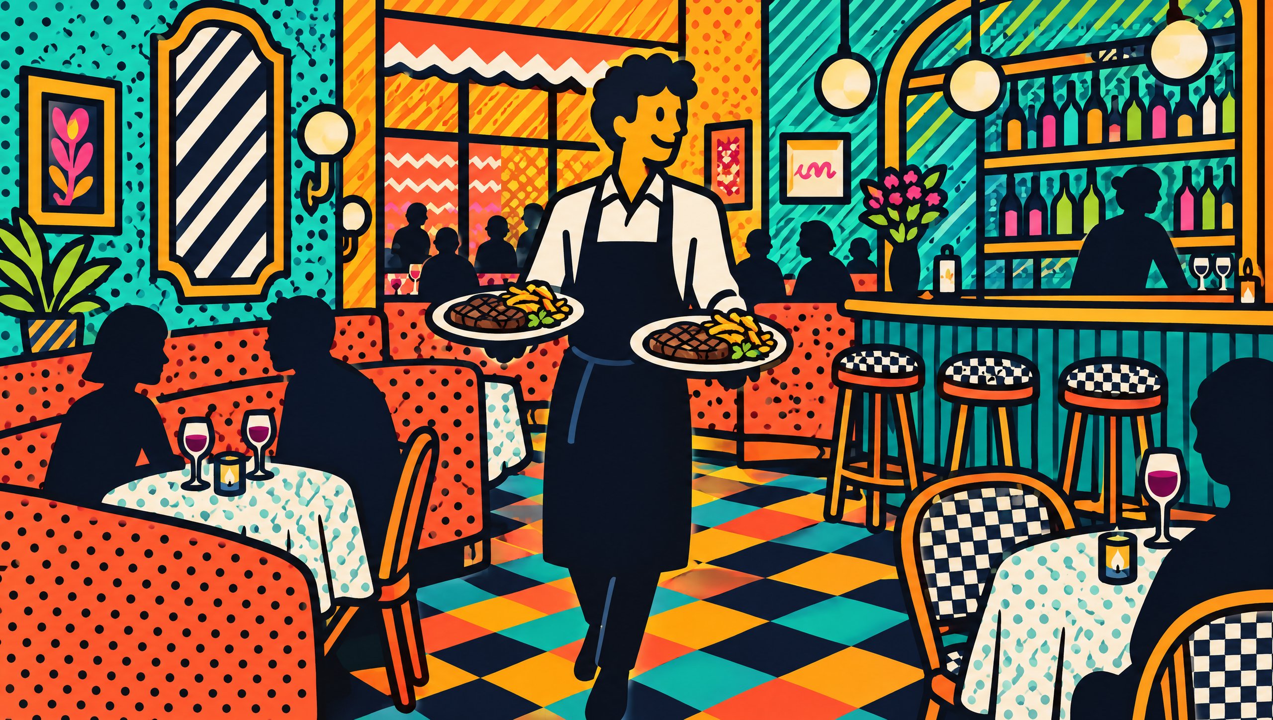 Painted illustration of a server carrying two plates of steak frites at Restaurant Pavane, Granby, Quebec.