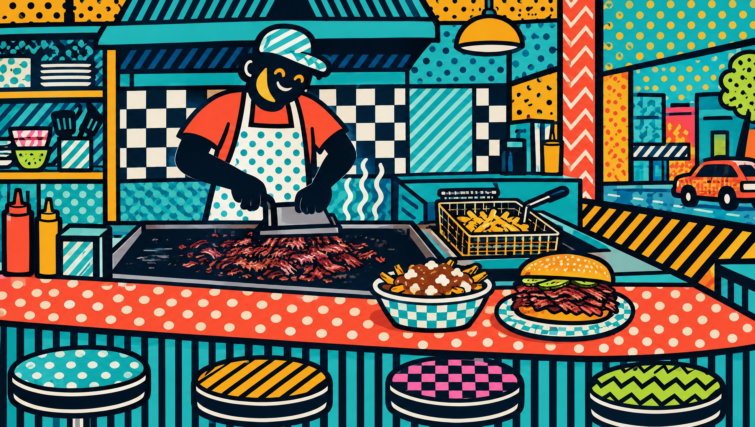 Painted illustration of a cook at the flat-top grill at Cantine Chez Paul, Magog, Quebec.
