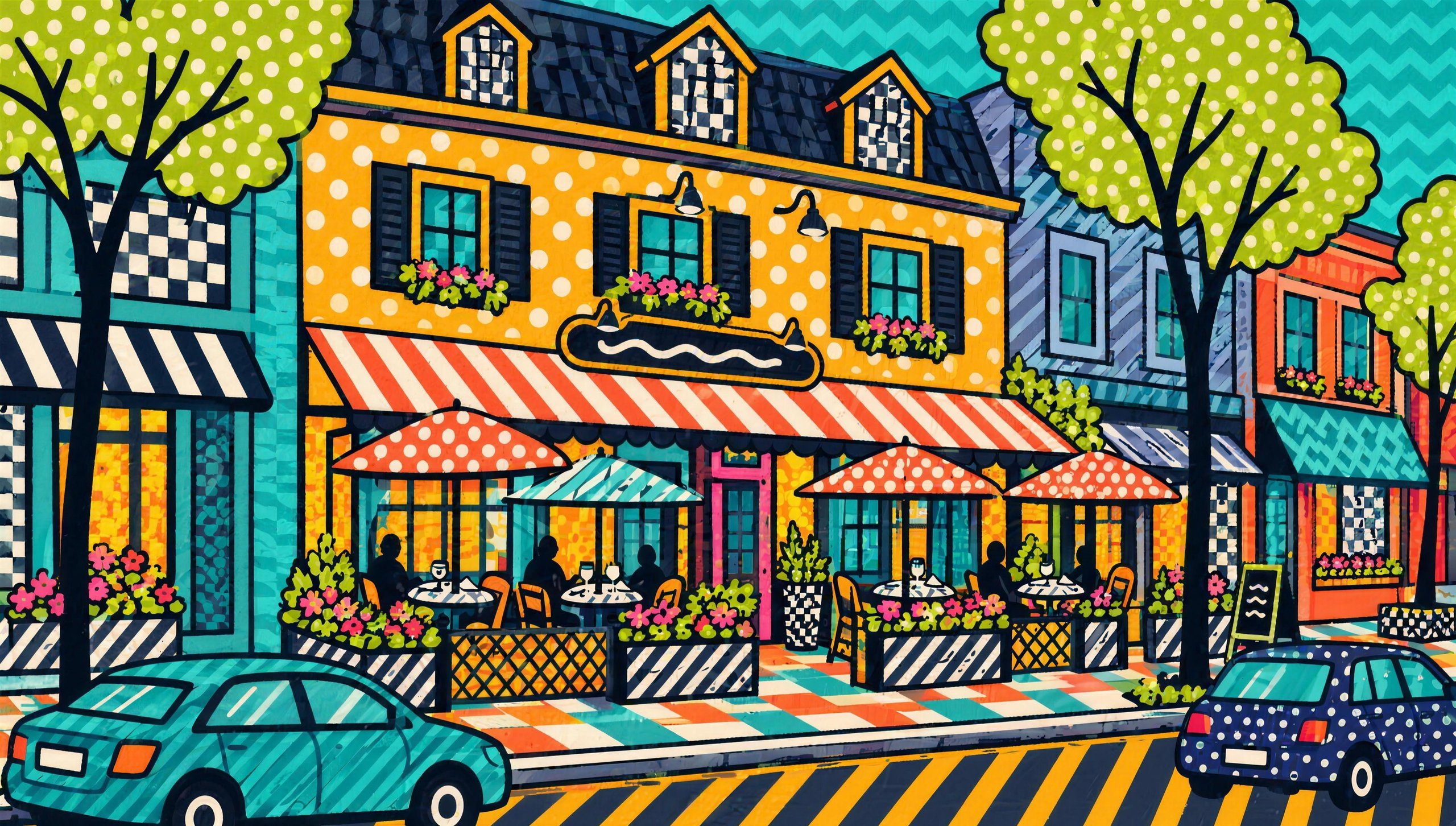 Painted illustration of the exterior of Restaurant Pinocchio, Magog, Quebec.