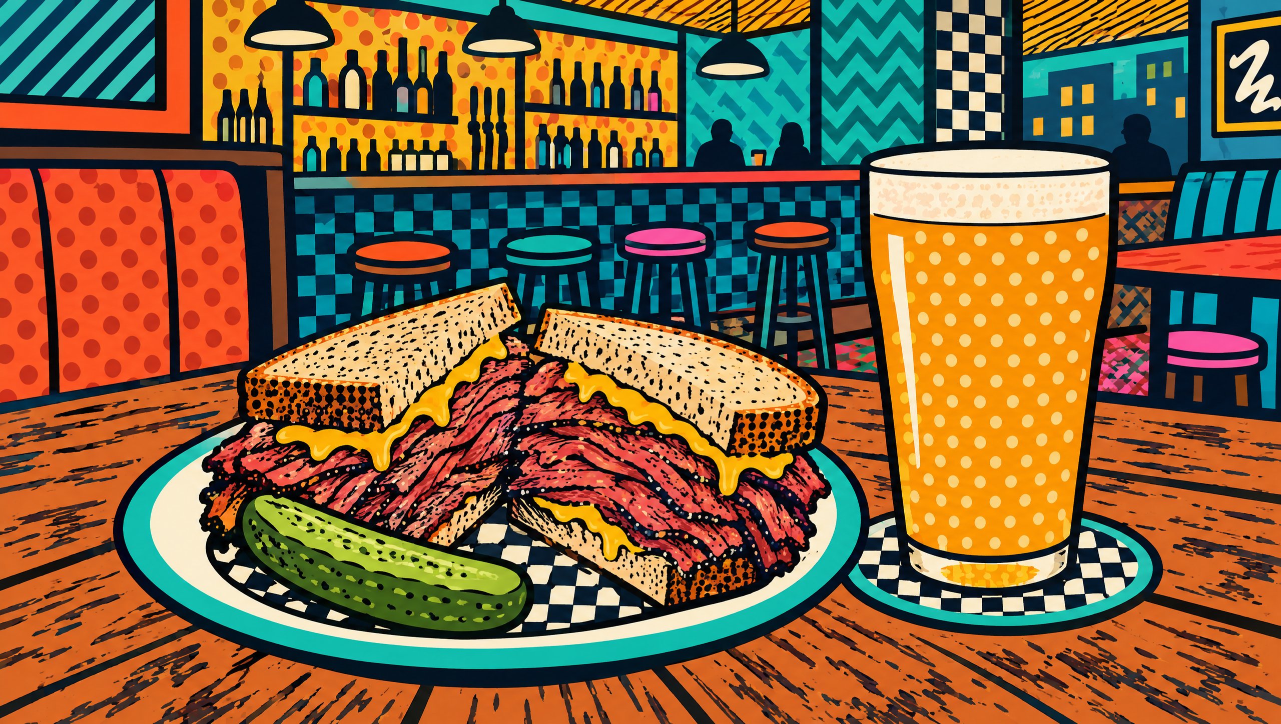 Painted illustration of a smoked-meat sandwich and a pint of beer at Taverne Alexandre, Sherbrooke, Quebec.