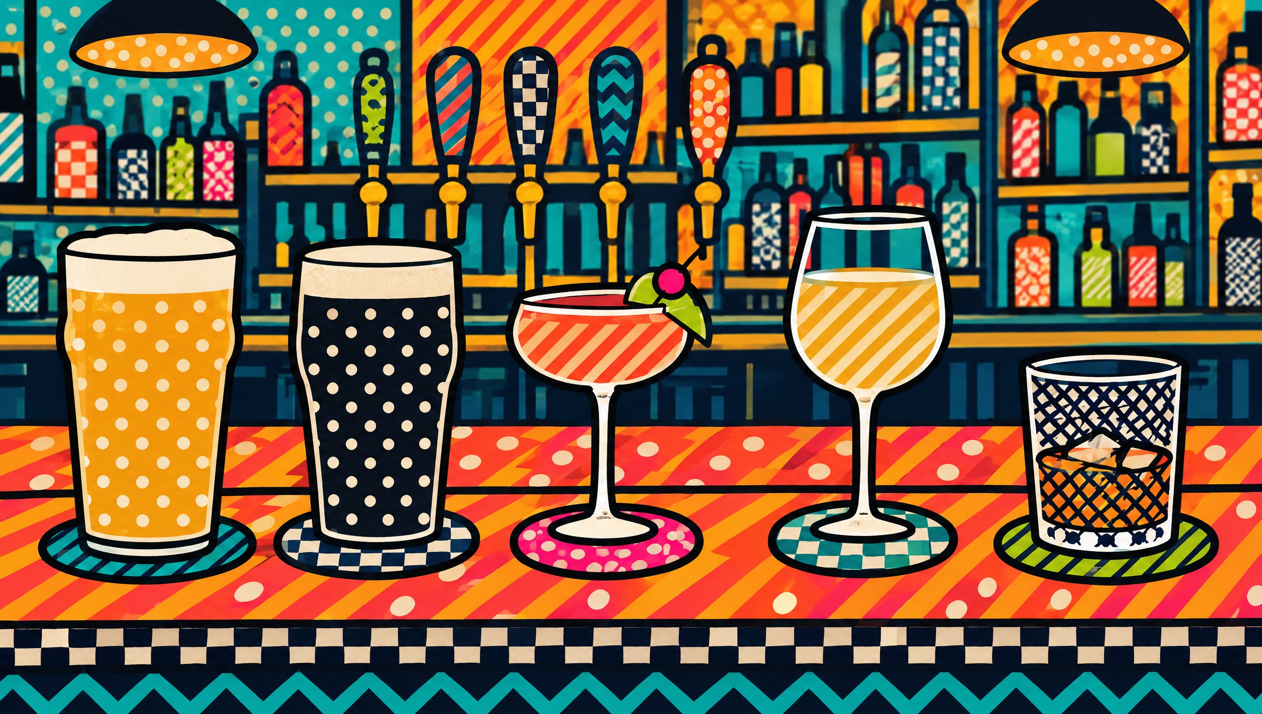 Painted illustration of a line-up of beer, wine, a cocktail and a spirit on the bar at King Alexandre, Sherbrooke, Quebec.