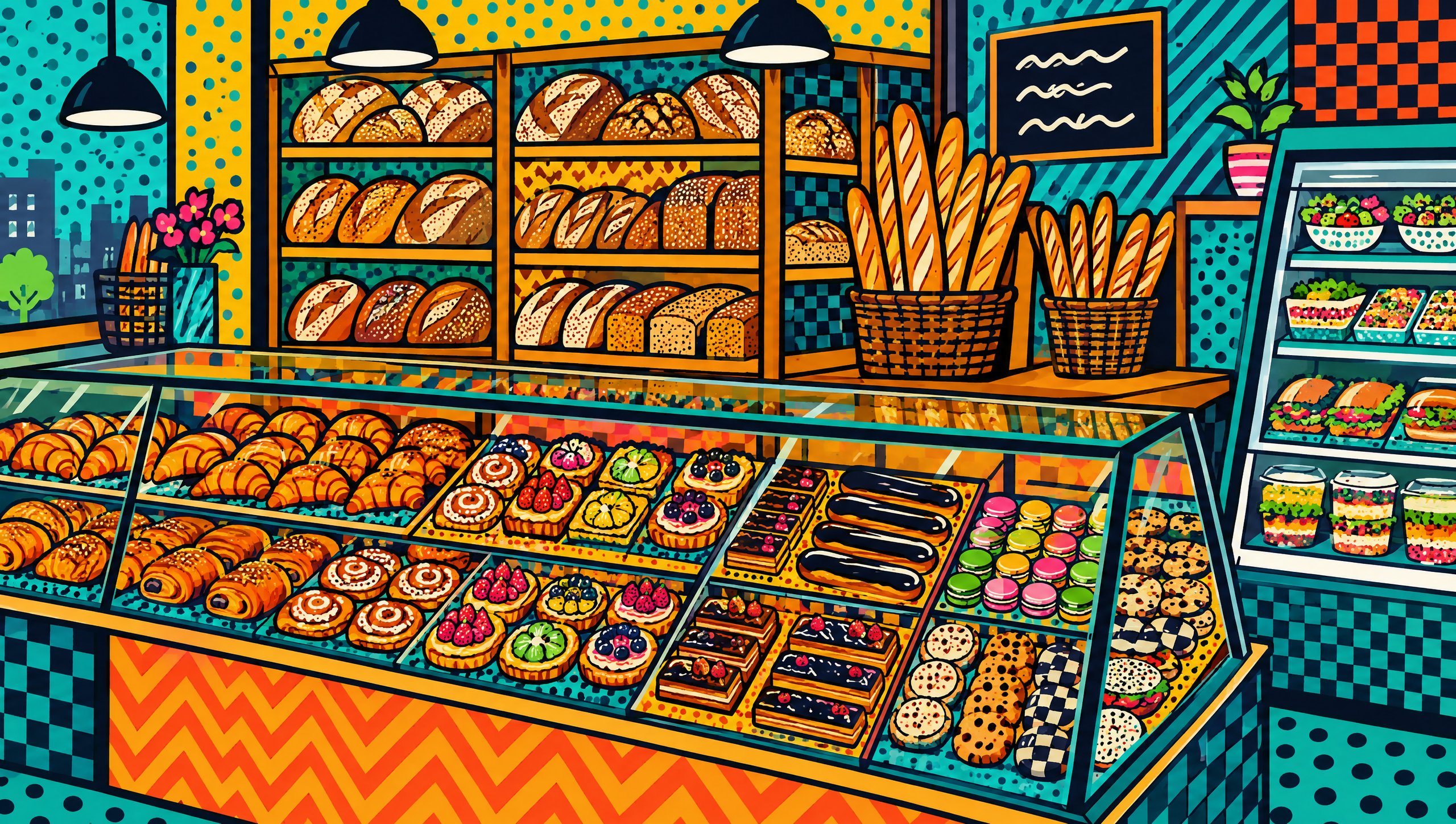 Painted illustration of pastry cases and shelves of bread at Les Vraies Richesses, Sherbrooke, Quebec.