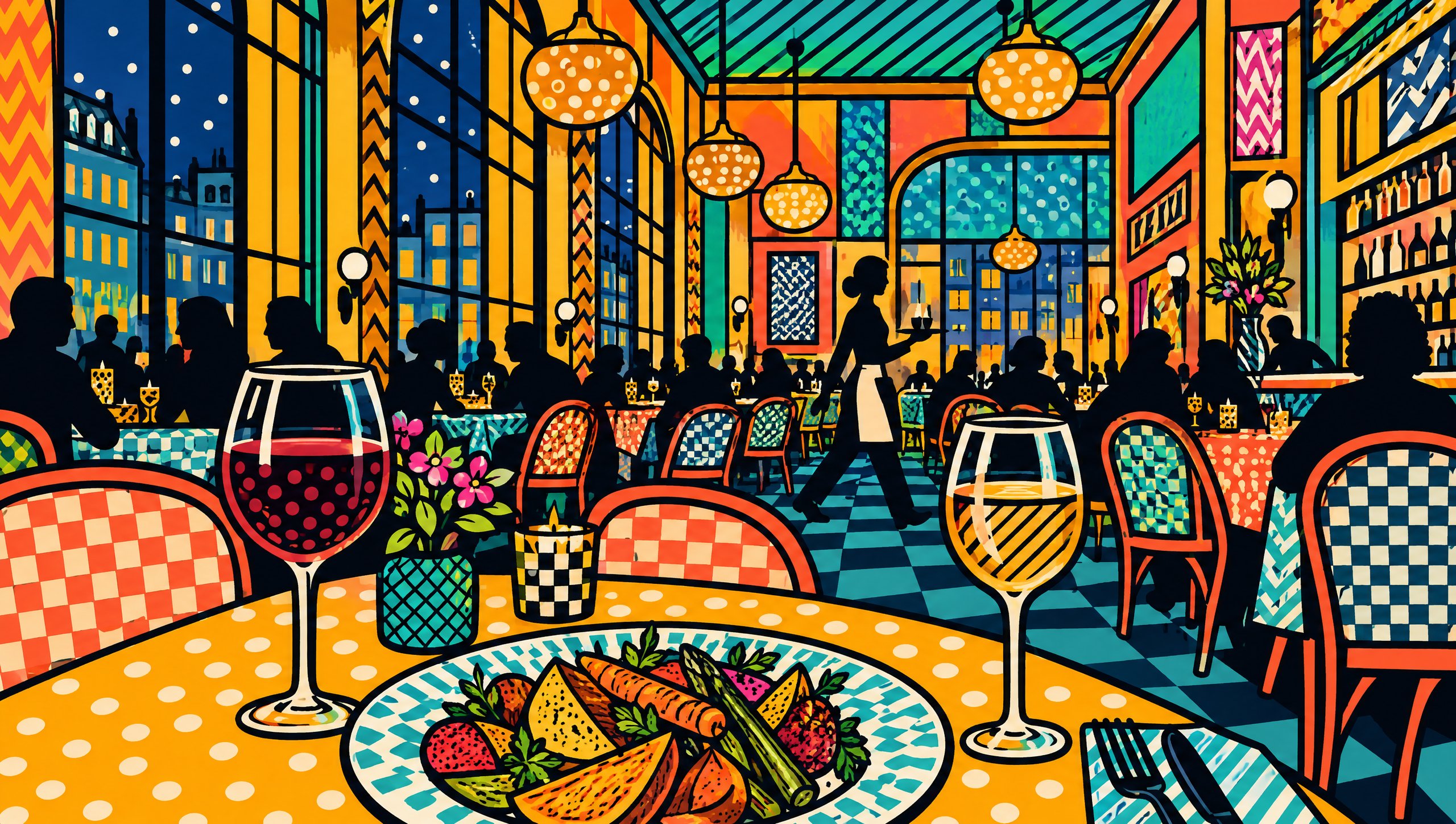 Painted illustration of the lively high-ceilinged dining room at Bistro Le Louis XVI, Sherbrooke, Quebec.