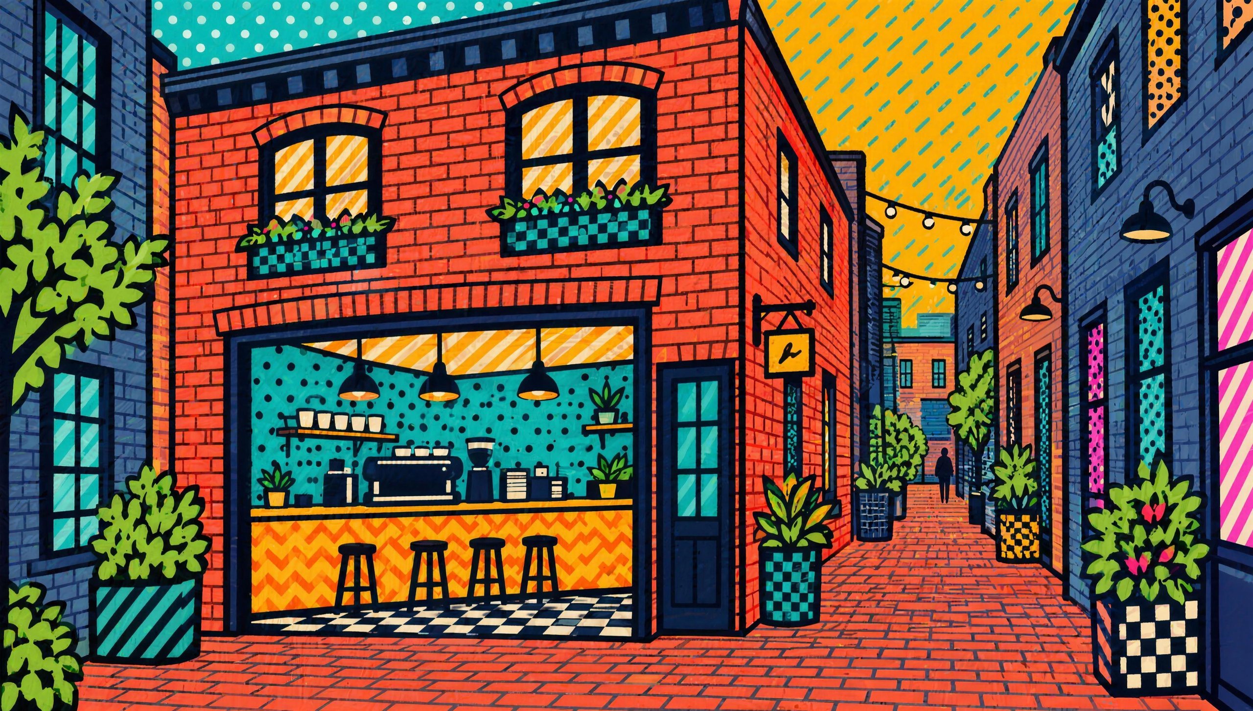 Painted illustration of the exterior of La Colombe, Washington, DC.