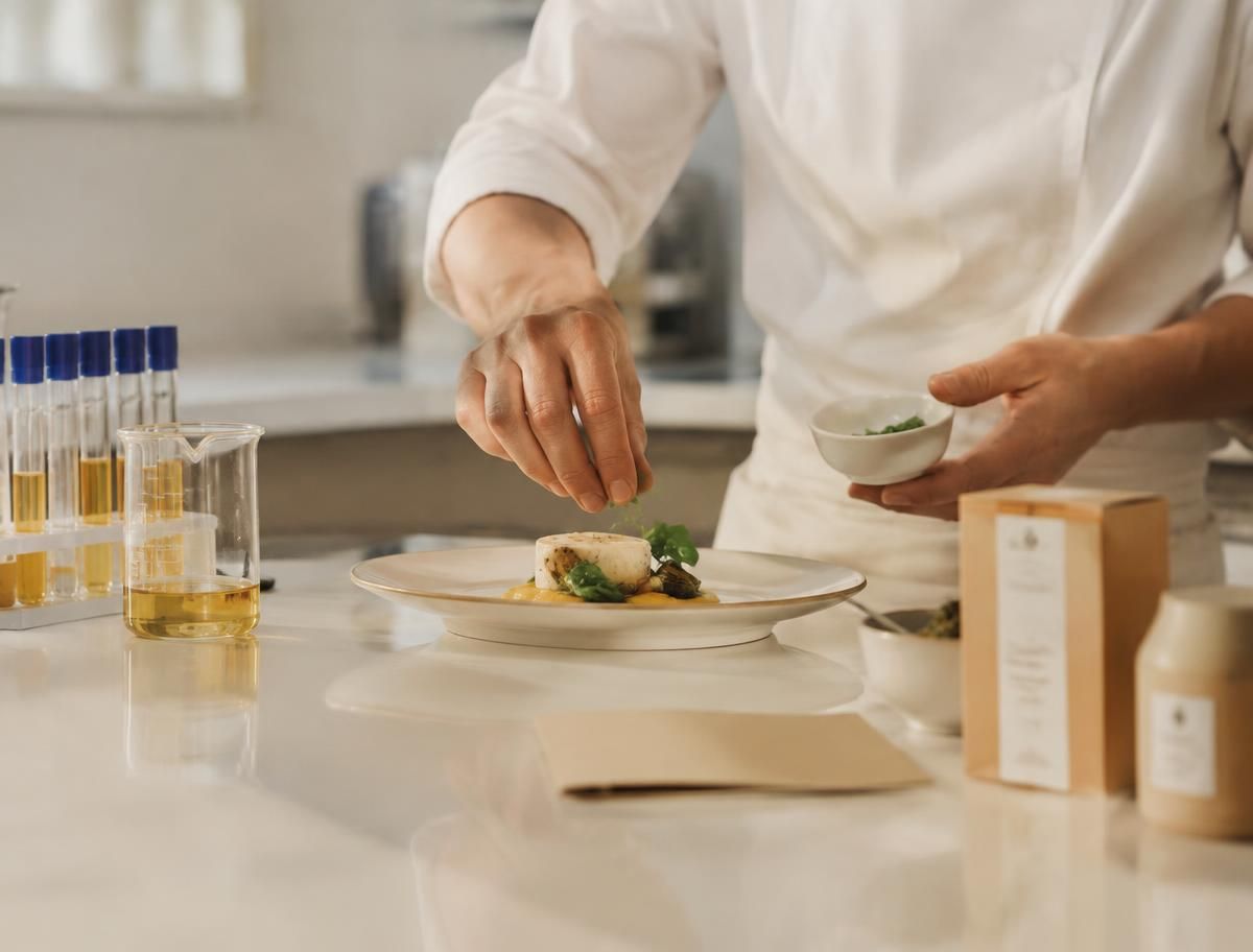 Chef plating a product prototype beside lab samples and packaging