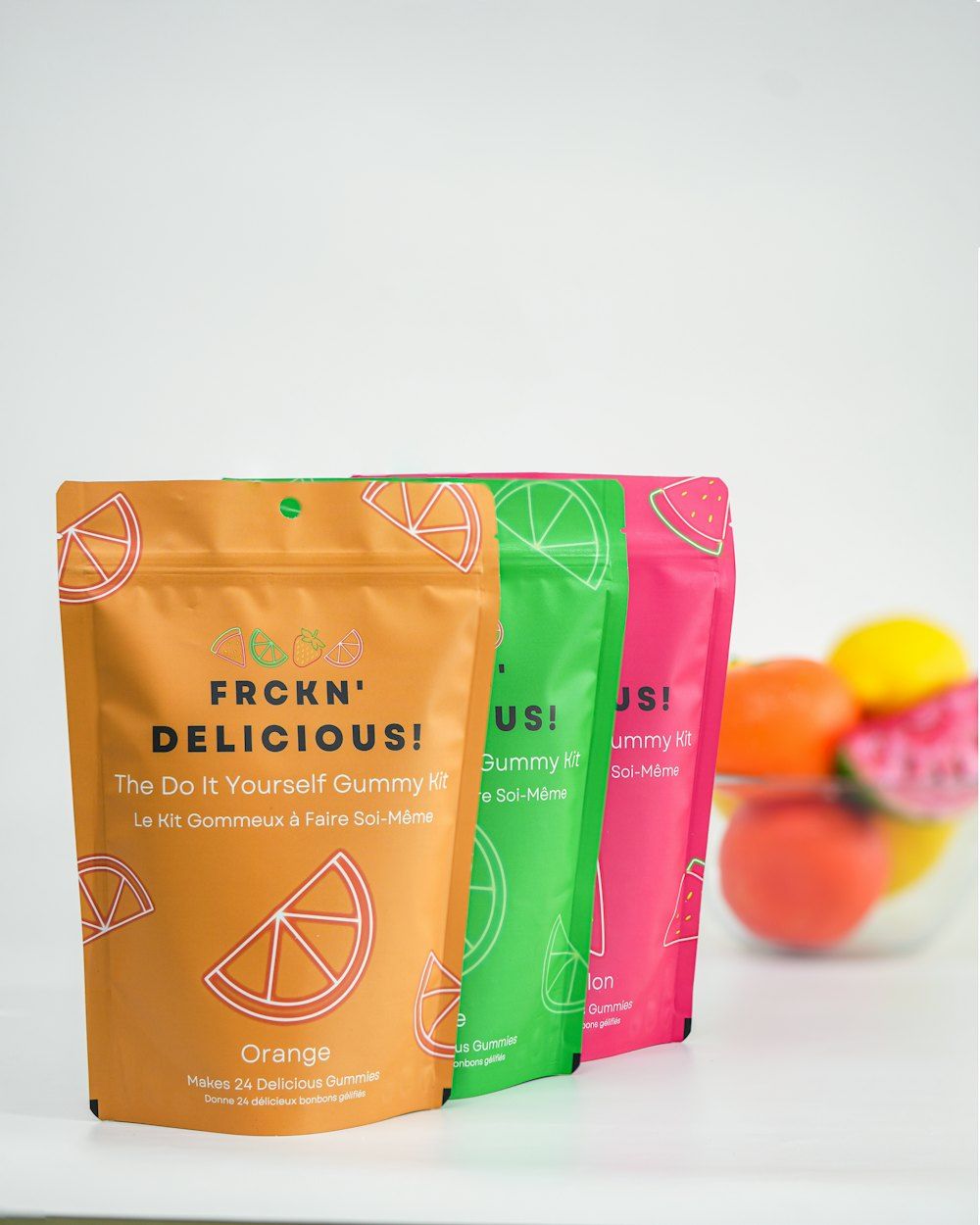 Colourful stand-up pouches for a gummy candy brand