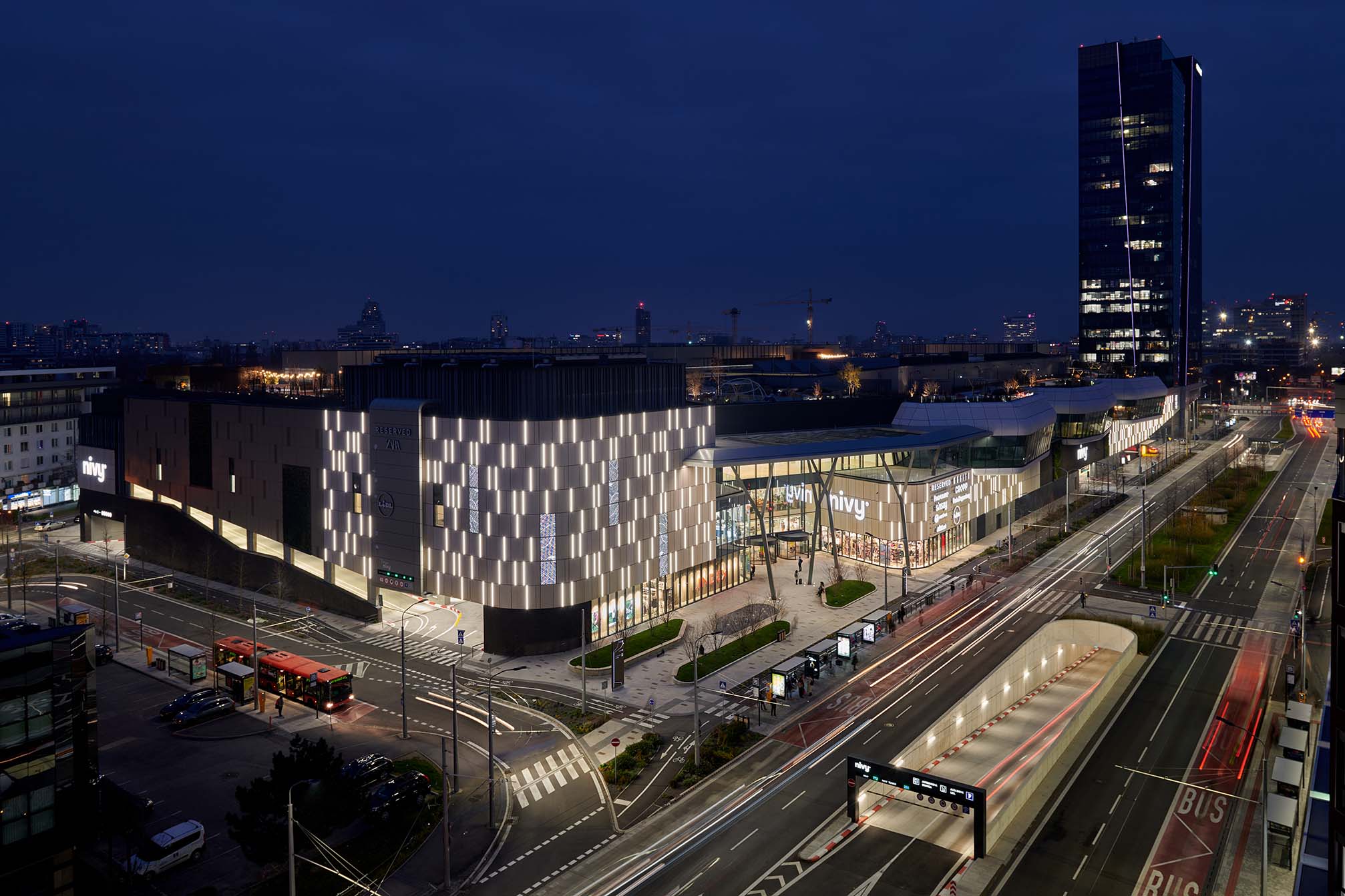 Nivy shopping centre in Bratislava at night