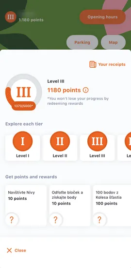 Nivy app loyalty screen with level, points and shortcuts to parking and map