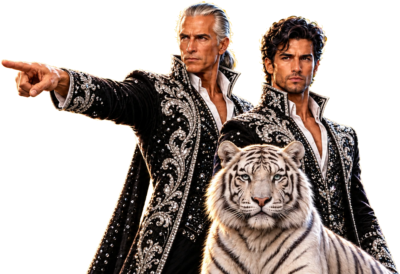 Two Las Vegas showmen in jeweled jackets with a white tiger, one pointing toward the free case review form