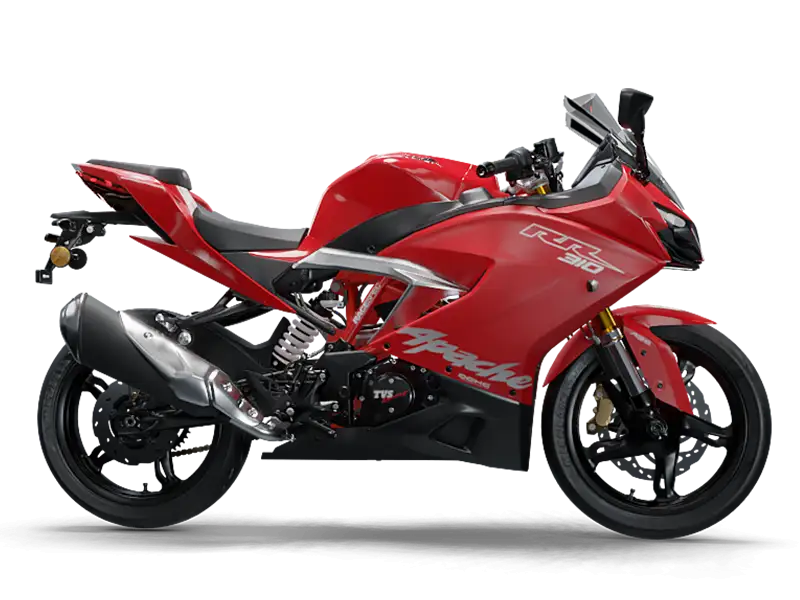 Red TVS Apache RR 310 sports motorcycle in side profile