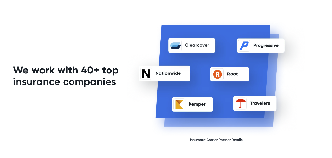 We work with 40+ top insurance companies. Carrier logos for Clearcover, Progressive, Nationwide, Root, Kemper and Travelers shown on a blue background, with the caption Insurance Carrier Partner Details.