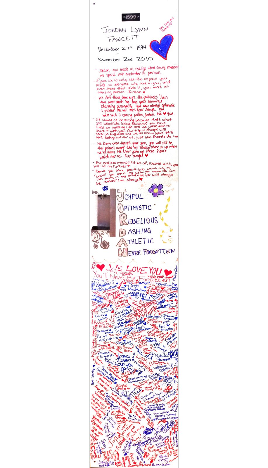 Jordan's school locker covered in messages