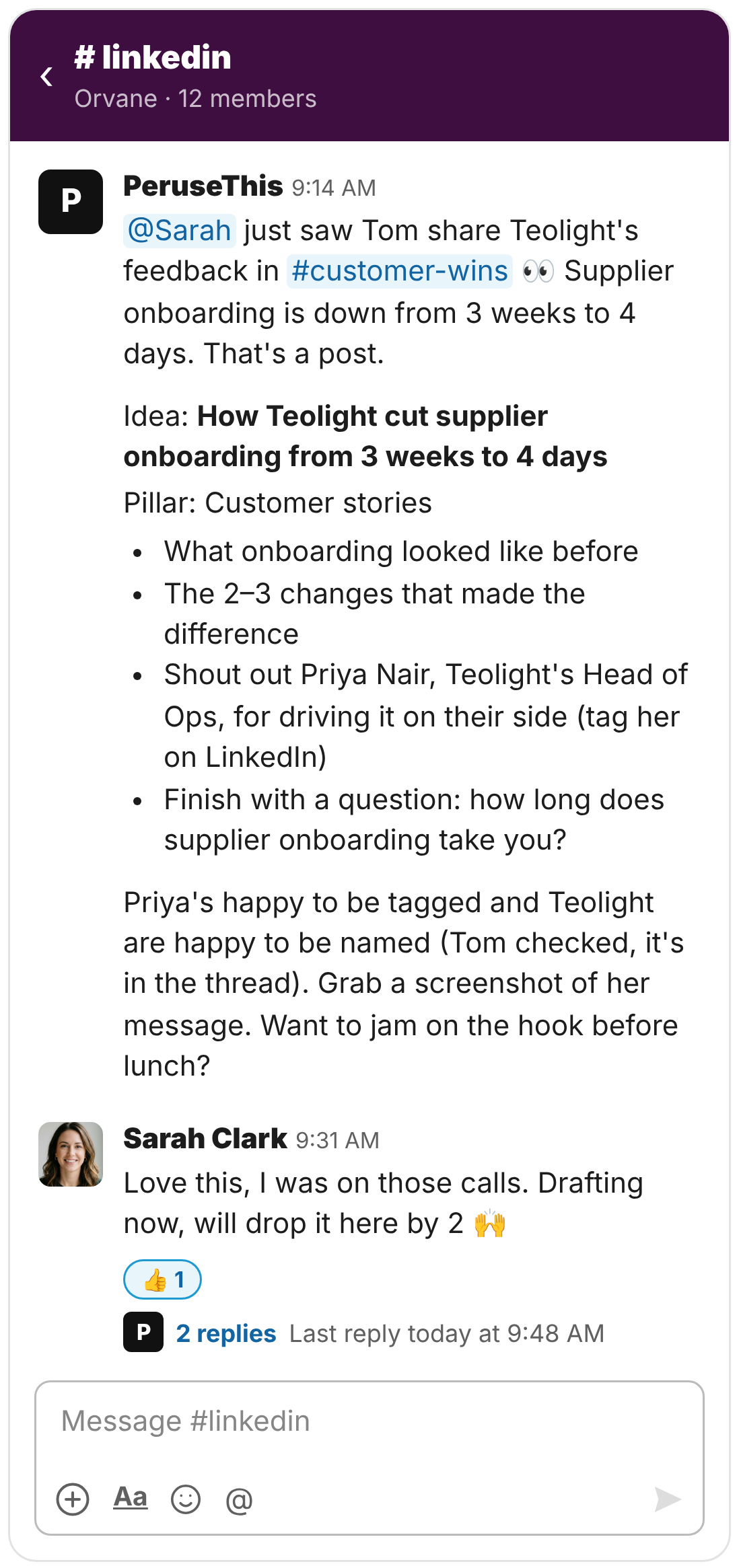 Mockup of a Slack channel where the PeruseThis team shares post ideas, reviews drafts and nudges the sales team to post.