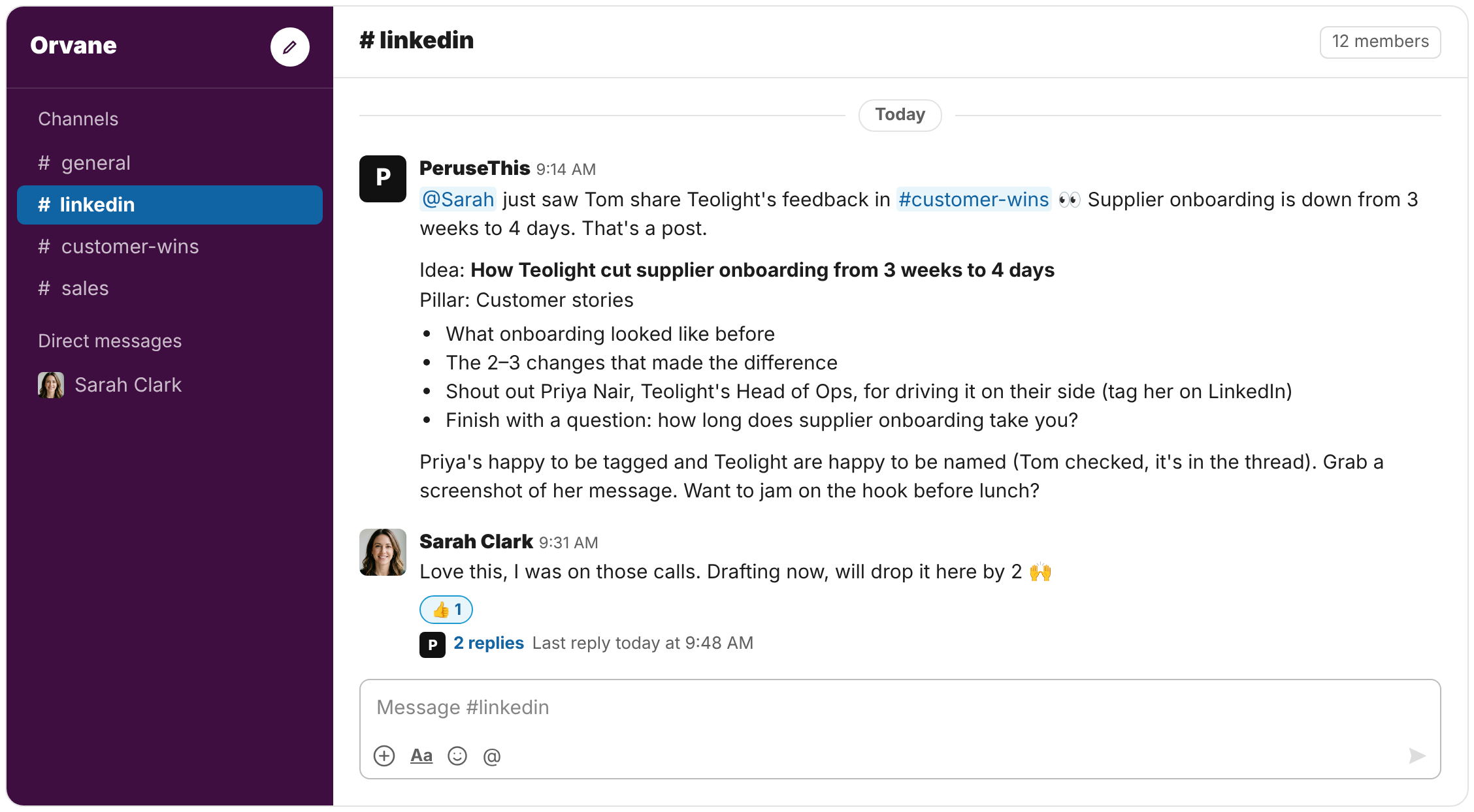 Mockup of a Slack channel where the PeruseThis team shares post ideas, reviews drafts and nudges the sales team to post.