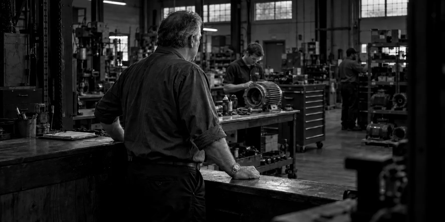 Hero block image, worker standing in a small factory building