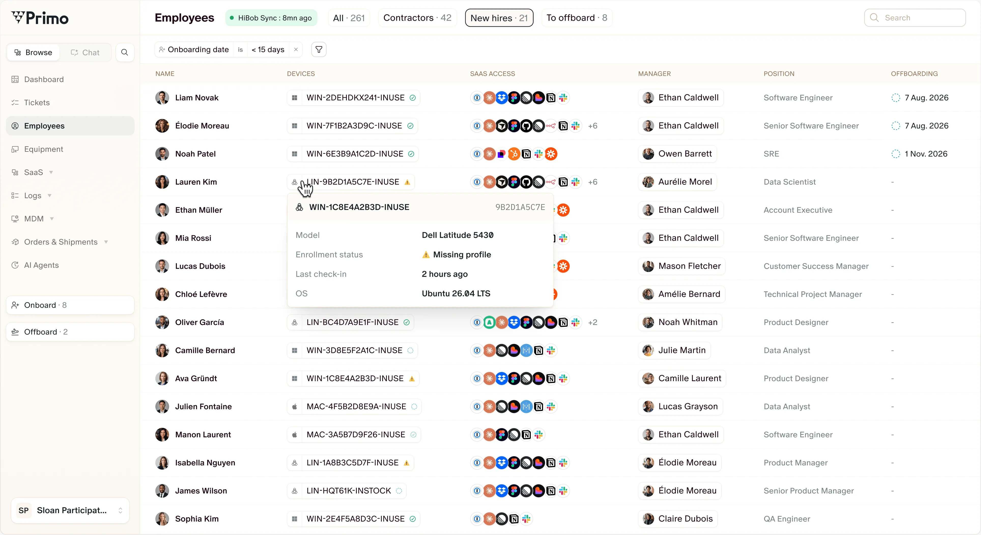 Primo MDM dashboard listing employees and their devices