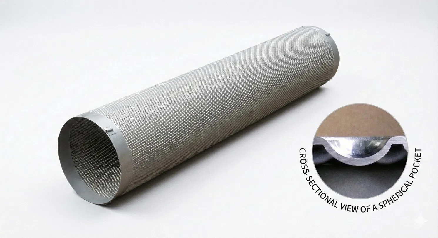 Round indent screen with cross-section of a spherical pocket