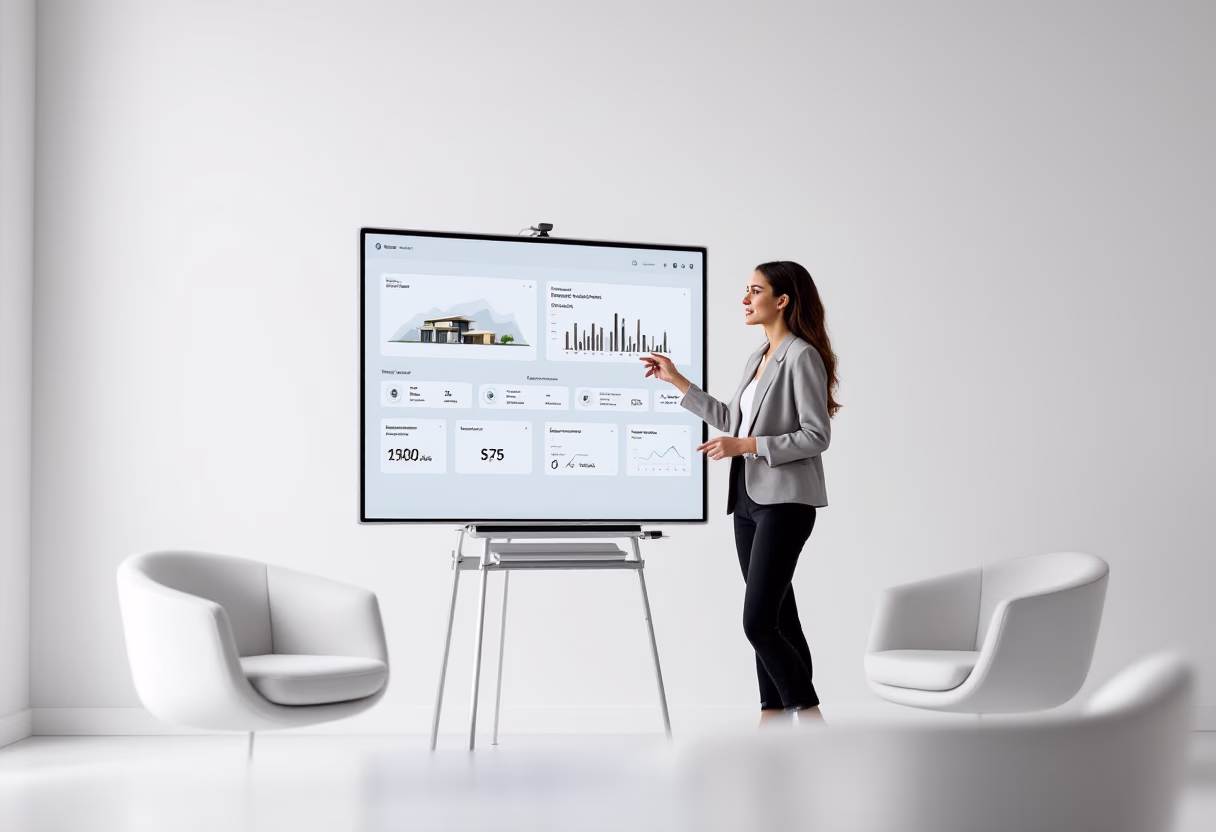 Presenter showing a beauty business dashboard in a modern meeting room
