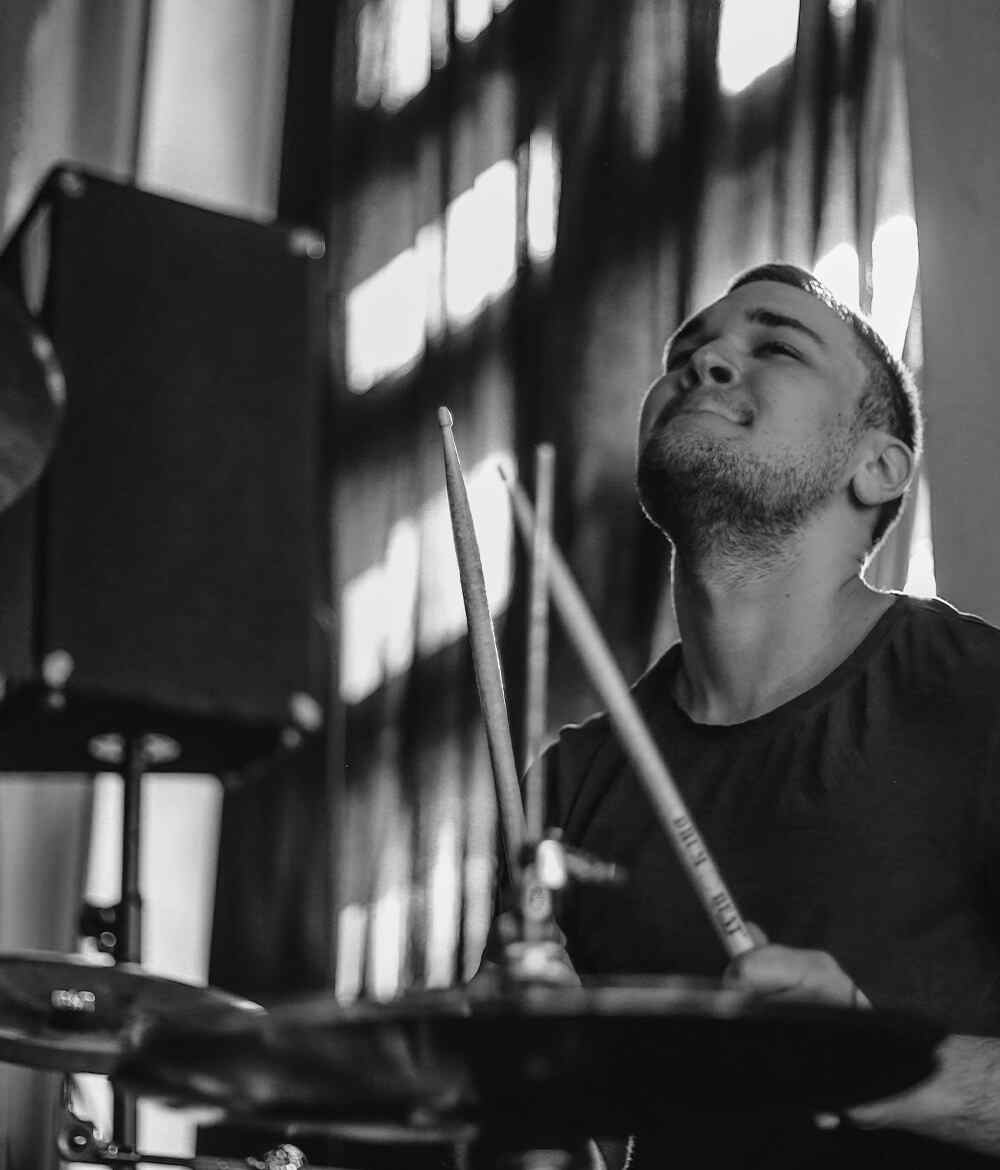 black-and-white image of a drummer