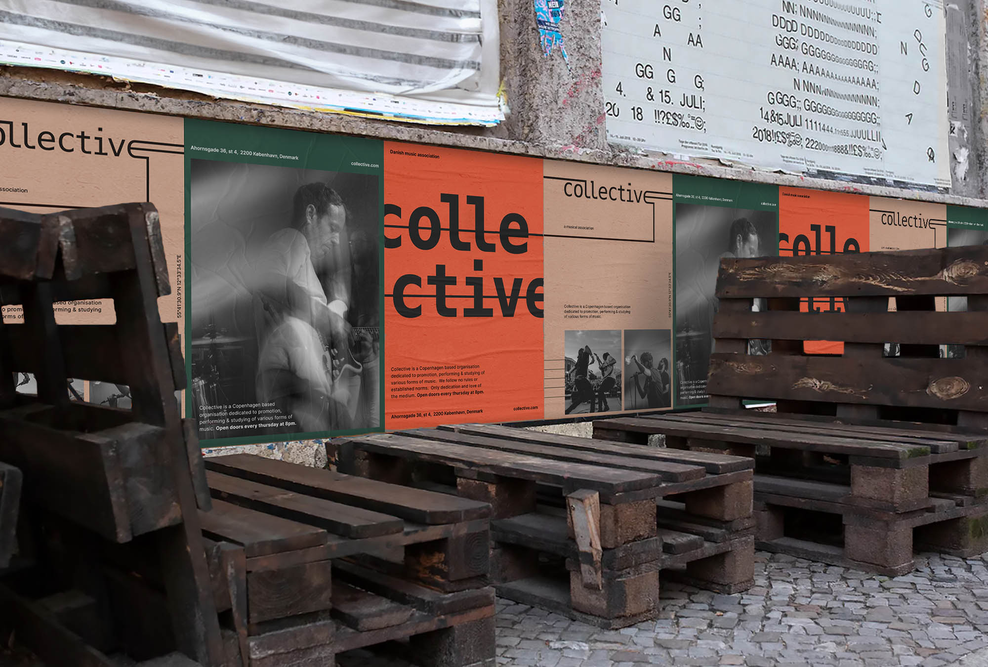 Collective posters in a backyard