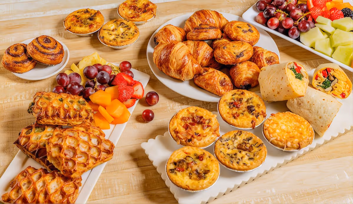 Breakfast spread of croissants, mini quiches, wraps, pastries and fresh fruit