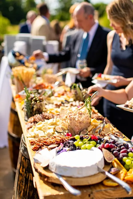 Wedding guests serving themselves from a long grazing table of cheeses, fruit and charcuterie