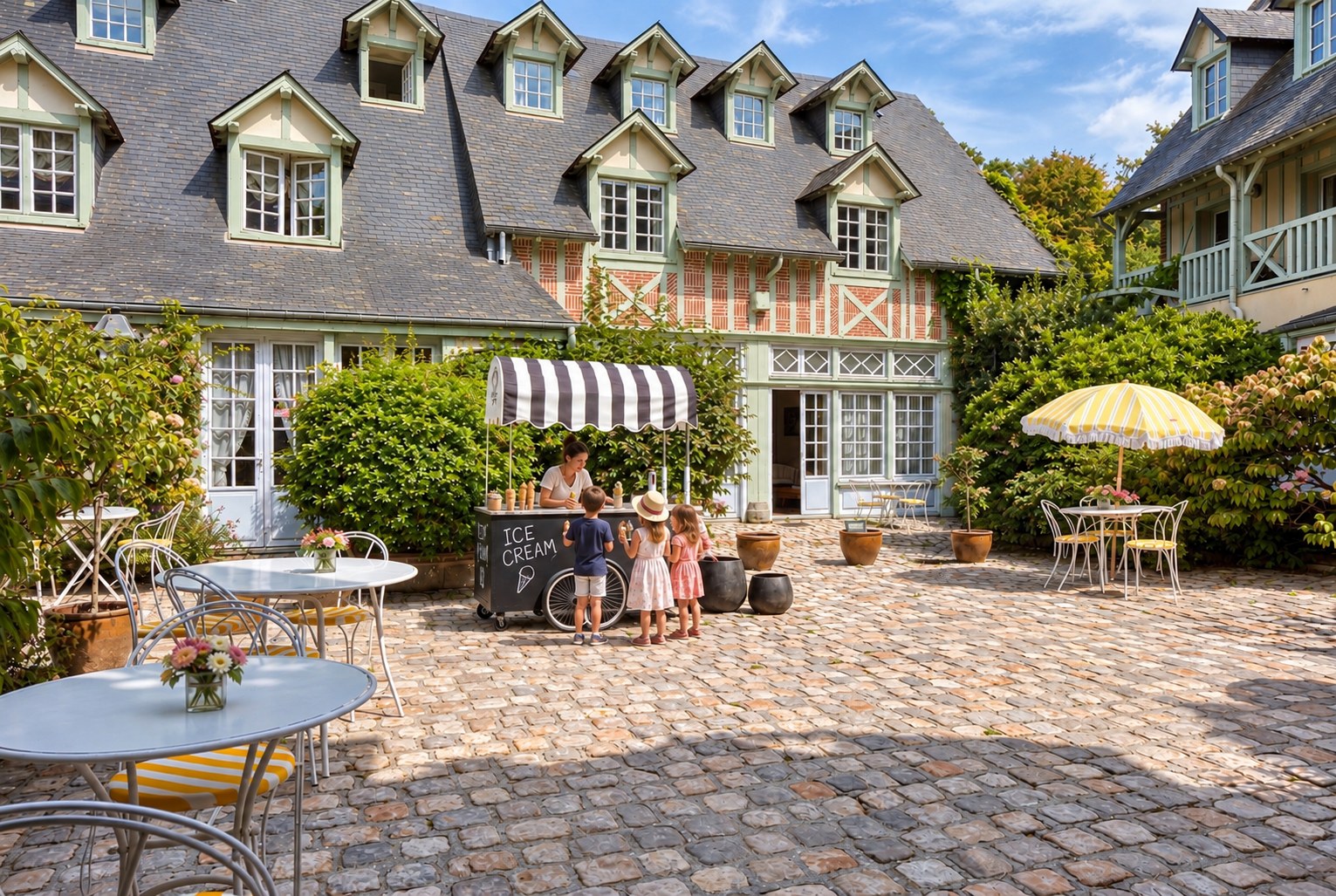 La terrasse de la cour avec ses tables et son chariot à glaces