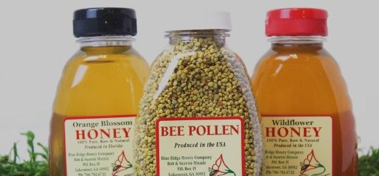 Local honey and bee pollen on the shelf