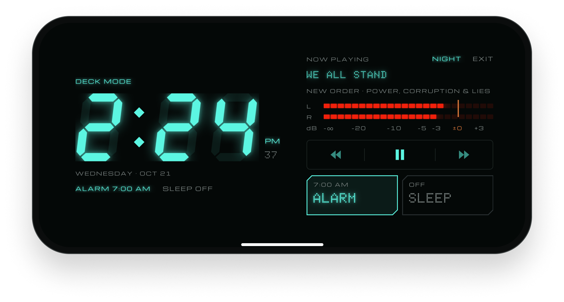 DECK Mode turned sideways as a clock radio with alarm and sleep keys