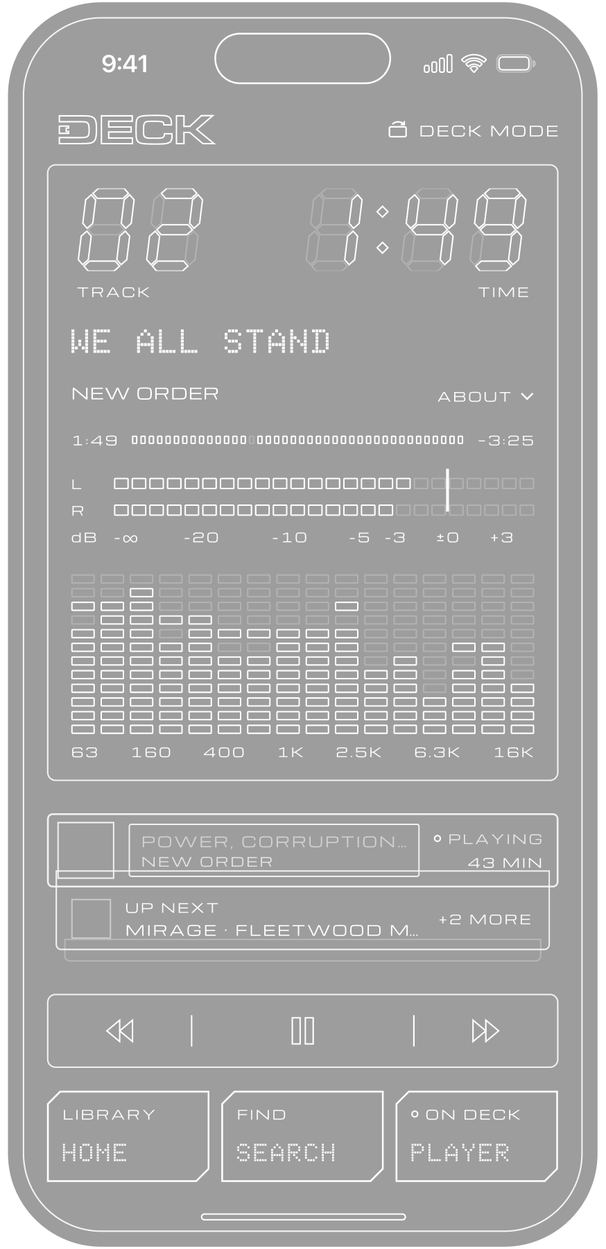 White line drawing of an iPhone running the DECK player