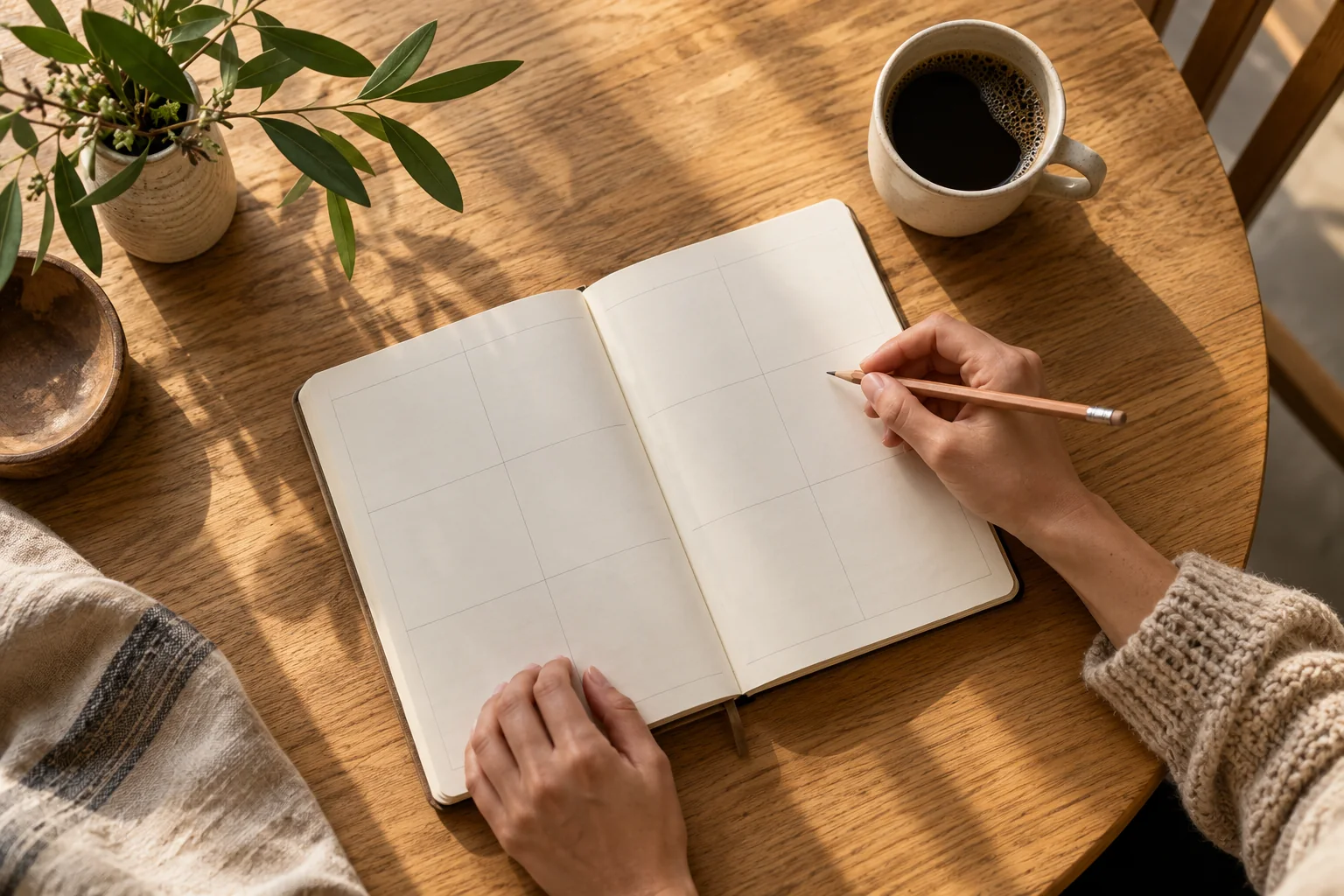 Illustrative overhead scene of hands planning a week in a notebook beside a coffee cup.