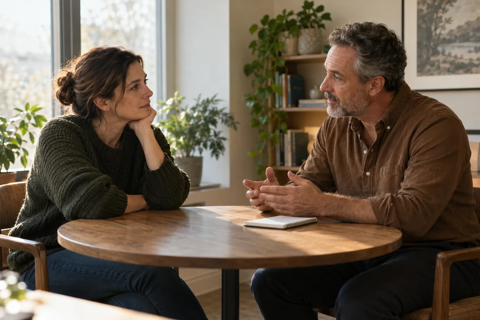 Illustrative scene of two adults in a one-to-one coaching conversation at a wooden table.
