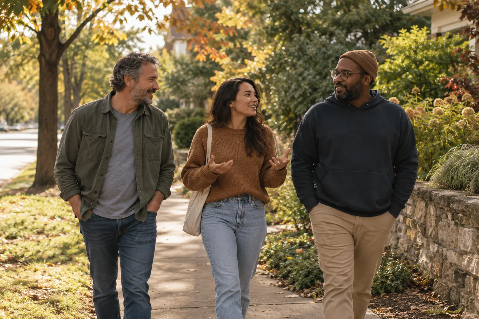 Illustrative scene of three friends walking and talking along a leafy neighborhood sidewalk.
