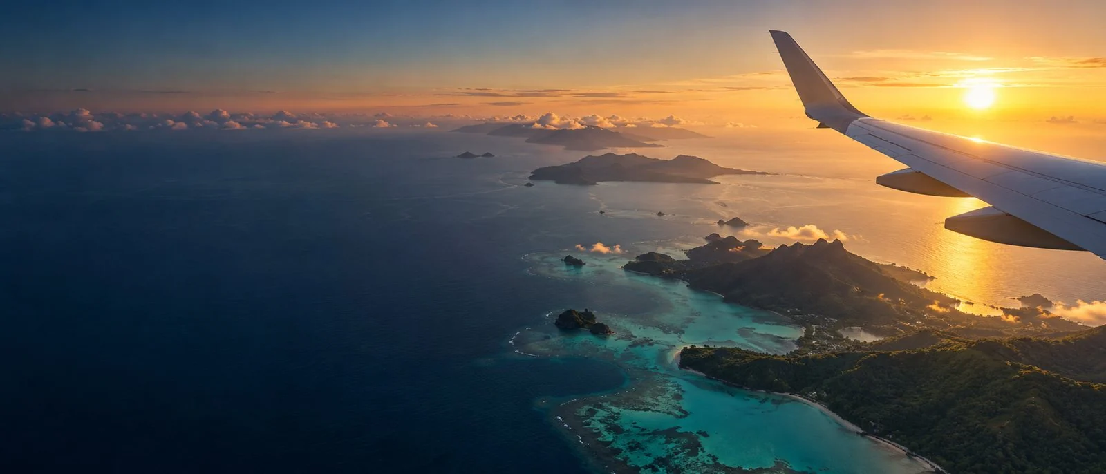 Aerial view of islands and turquoise water from a plane window