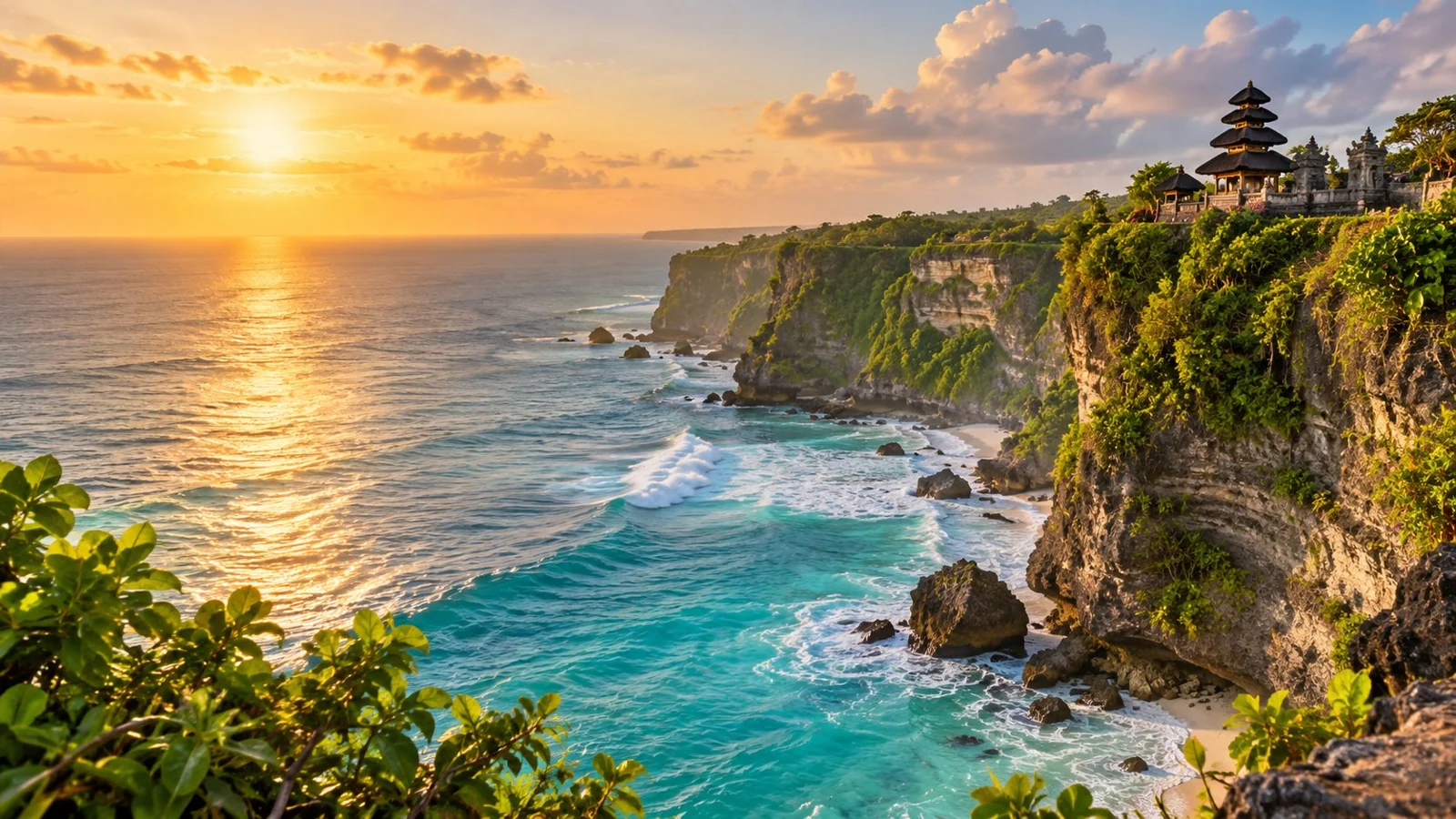 Clifftop temple above the ocean at sunset