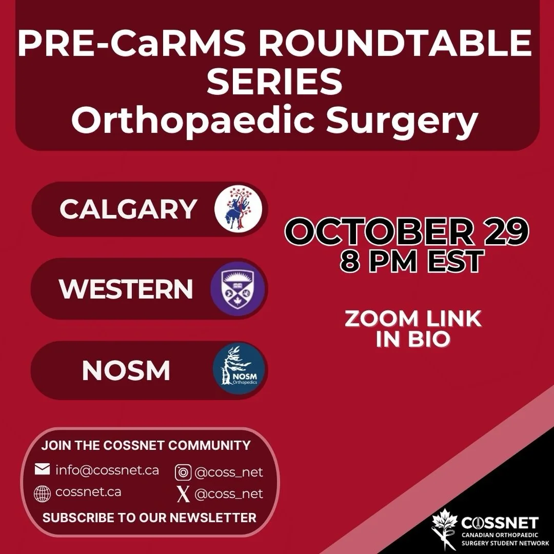 Pre-CaRMS Roundtable Series poster: Calgary, Western and NOSM, October 29 at 8 PM EST, Zoom link in bio