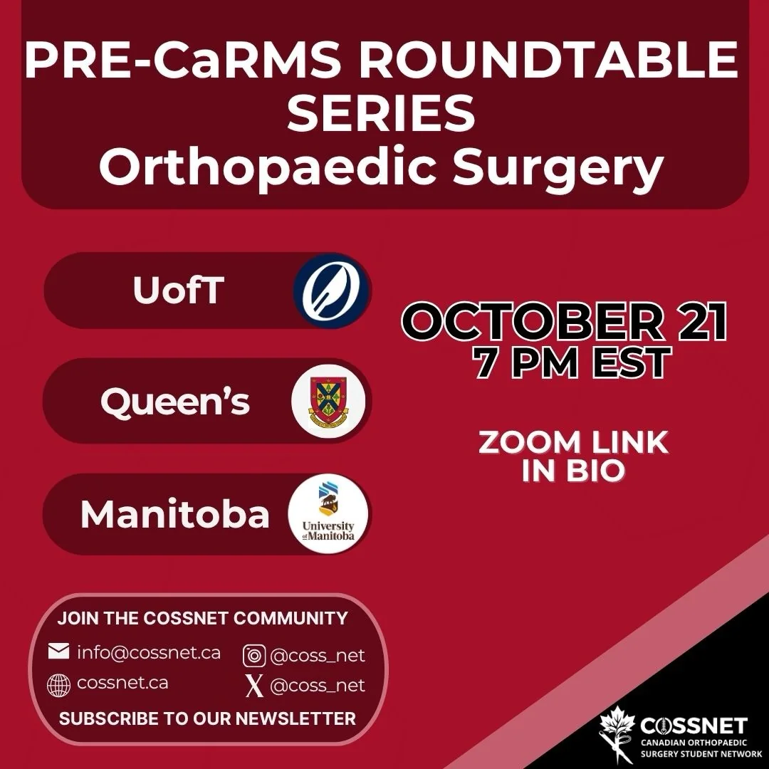 Pre-CaRMS Roundtable Series poster: UofT, Queen's and Manitoba, October 21 at 7 PM EST, Zoom link in bio