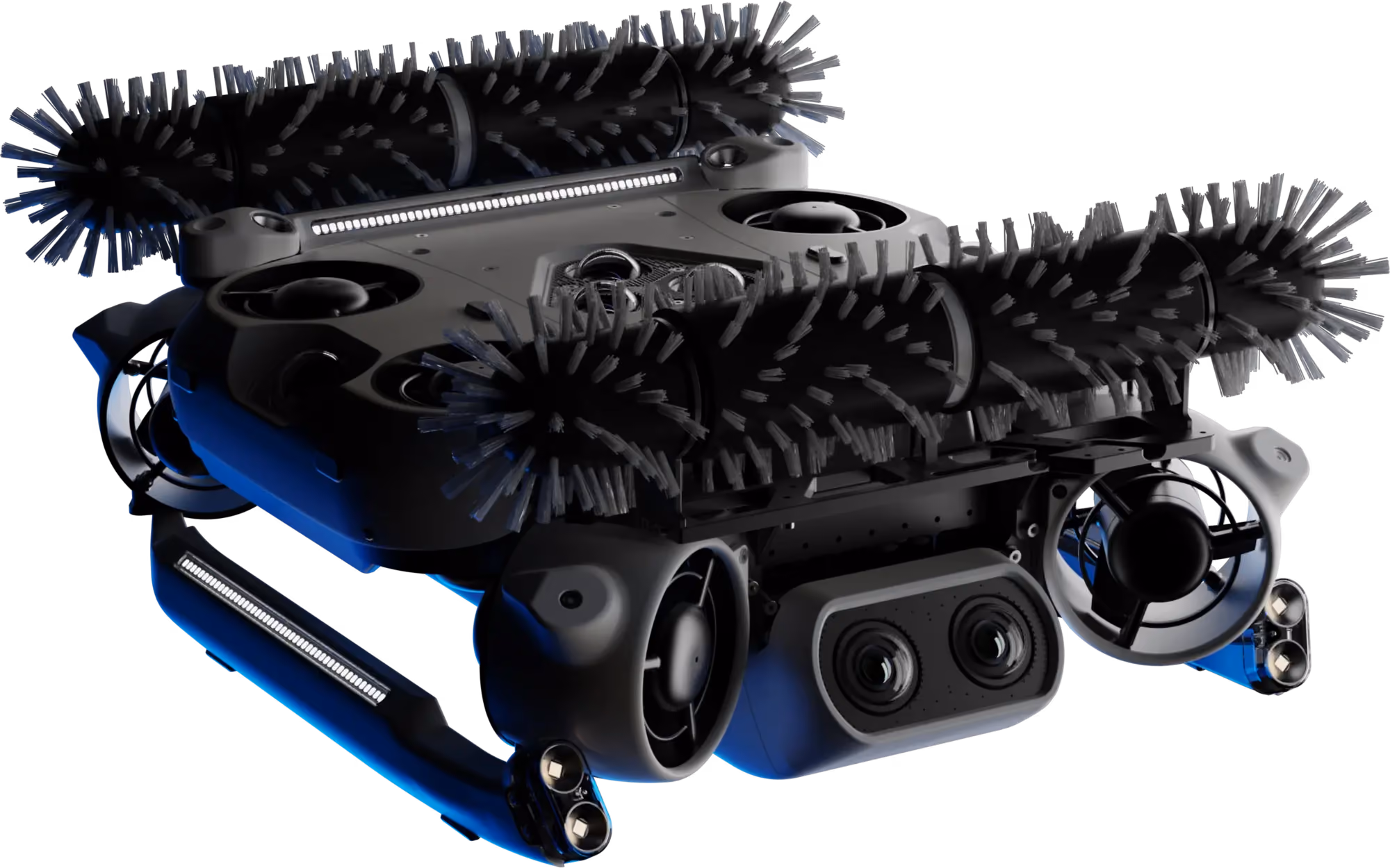 Hullbot hull-grooming robot with rotating brushes, thrusters and stereo cameras