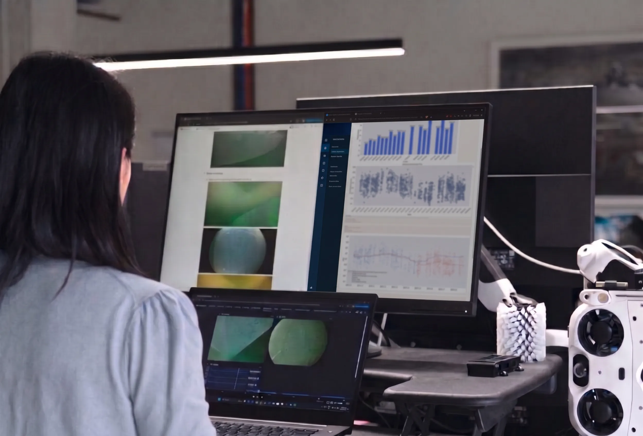 Hullbot engineer reviewing hull imagery and performance charts at a workstation beside a Hullbot robot