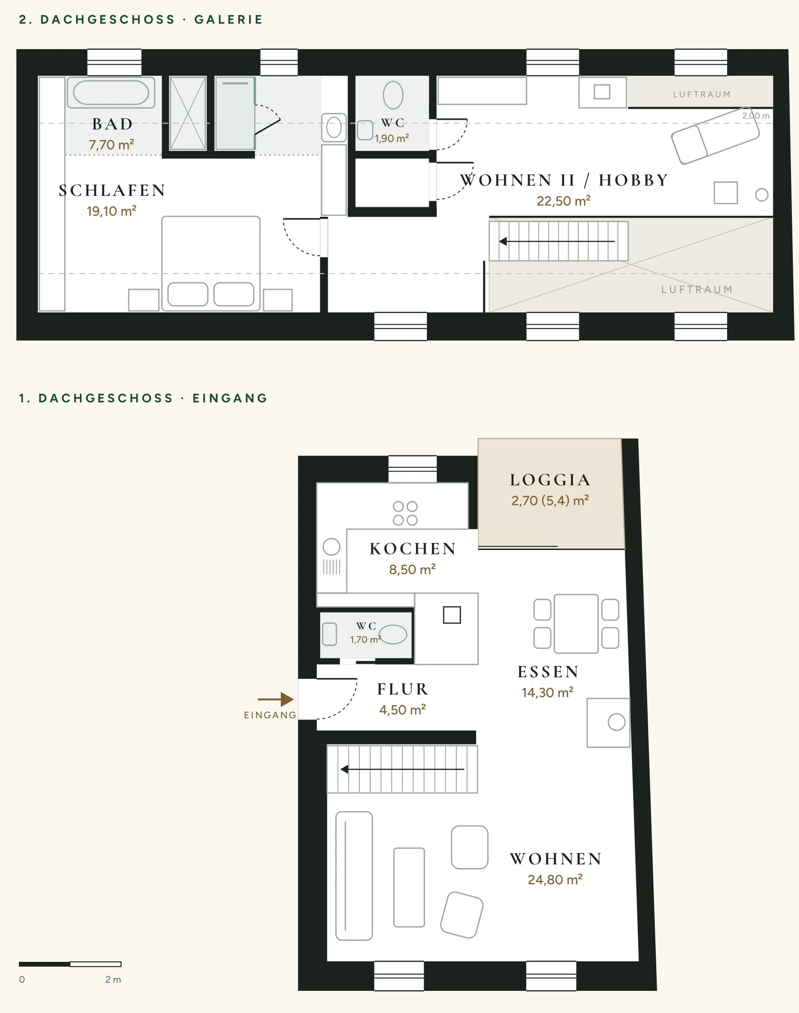 Grundriss Wohnung 8, Maisonette · 1. und 2. DG links