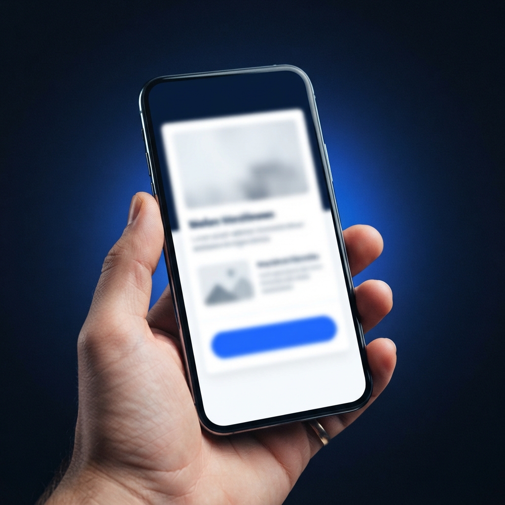 Hand hält ein Smartphone mit einer hellen Website und blauem Button