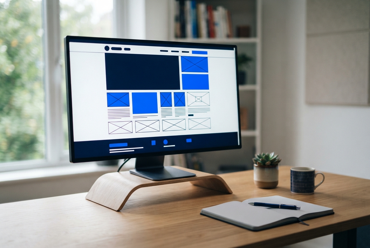 Monitor mit einem Website-Entwurf in Blau, Navy und Weiß auf einem Holztisch