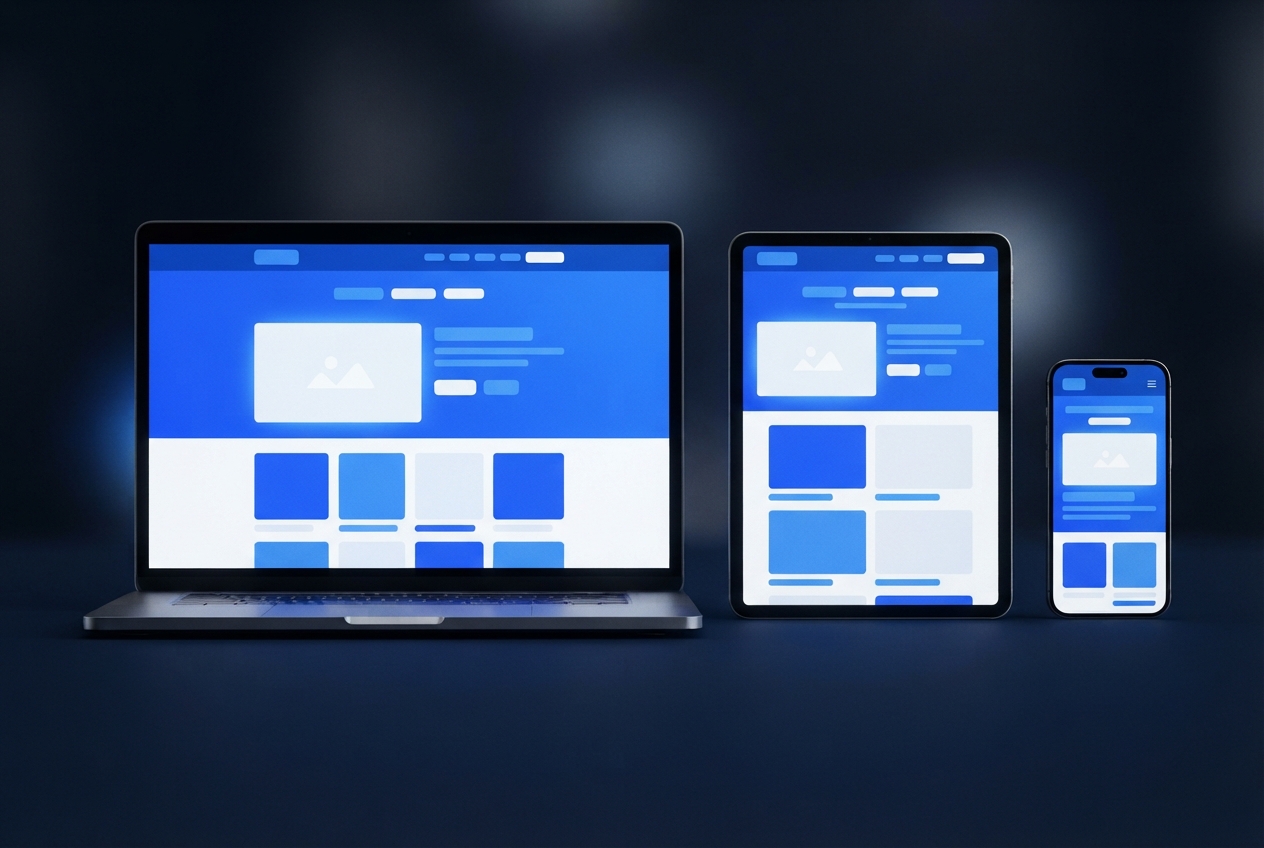 Laptop, Tablet und Smartphone mit derselben Website in blau-weißem Design