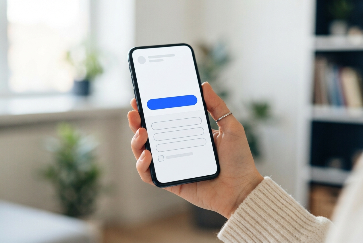 Hand hält ein Smartphone mit einer Website und blauem Button
