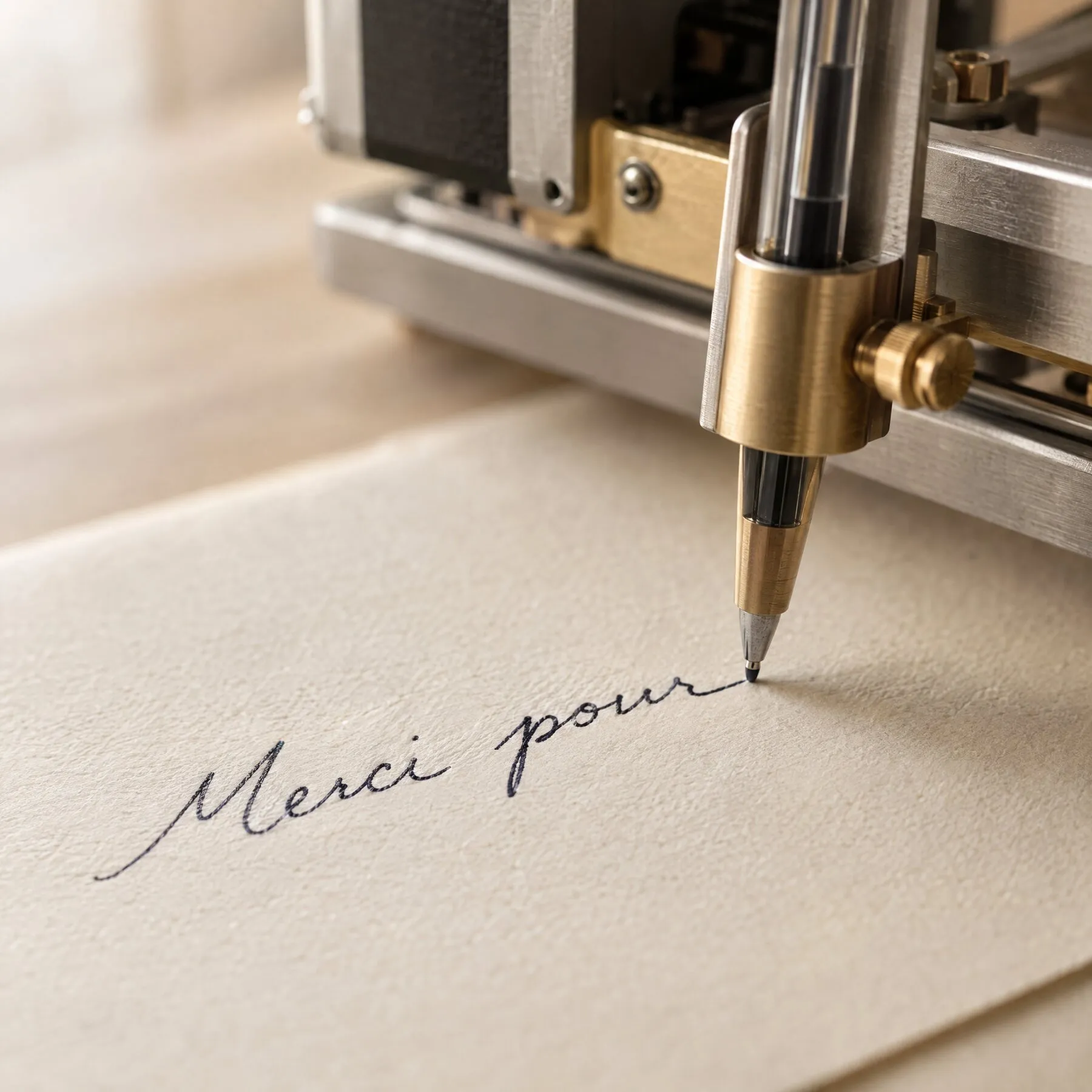 Robot d'écriture traçant « Merci pour » au stylo
